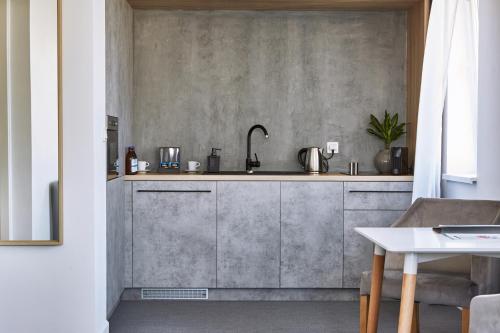 kuchnia ze zlewem i betonową ścianą w obiekcie Silesia Apartments w mieście Katowice