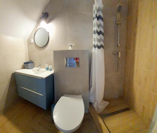 a bathroom with a toilet and a sink and a shower at Pod Żaglami in Dąbki