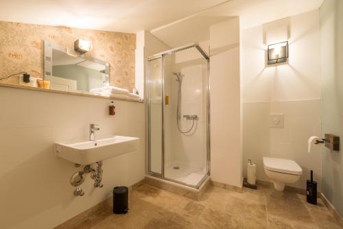a bathroom with a shower and a sink and a toilet at Design Apartments - "Villa Arnim" in Potsdam
