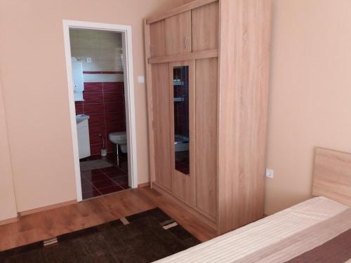 a room with a wooden cabinet and a bathroom at Ezüstfenyő Vendégház in Sárospatak