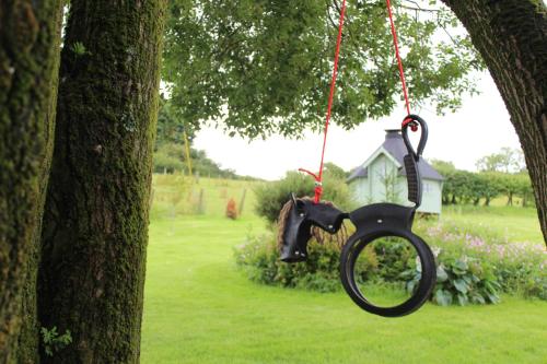 a black swing hanging from a tree in a park at South Barlogan Farm in Bridge of Weir