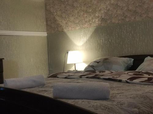 a bedroom with a bed with a lamp on it at Guest House Elguja Qushashvili in Stepantsminda