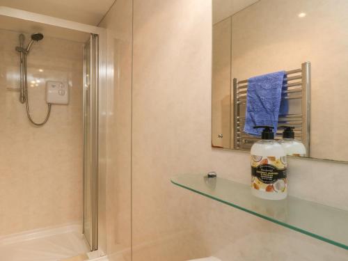 a bathroom with a shower and a glass shelf at Osprey Cottage in Newtonmore