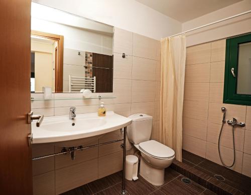 La salle de bains est pourvue d'un lavabo, de toilettes et d'un miroir. dans l'établissement Eucalyptus Villa, à Égine