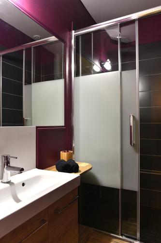 une salle de bain avec un lavabo et une douche dans l'établissement MoonLOVE, SPA/Sauna et Jacuzzi privés, charme et détente., à Nancy