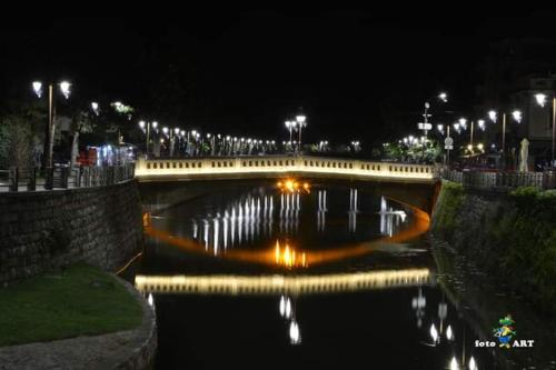 a bridge over a river at night with lights at Privatan smestaj knjazevac in Knjazevac.