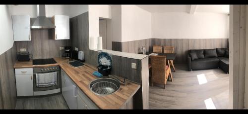 a kitchen with a sink and a couch in a room at Pension da Luigi in Greifswald