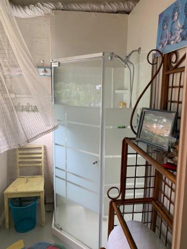 a glass shower in a room with a table at The Purple Martin Lakeside Inn Bird Sanctuary on Lake Huron in Rogers City