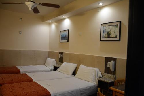 a hotel room with two beds and a ceiling fan at Hotel Santa Cruz in Buenos Aires