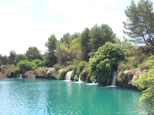 a river with waterfalls in the middle of a forest at El Balcón de la Colgada in Ossa de Montiel