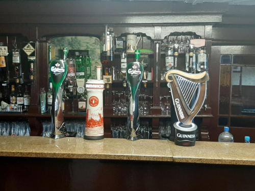 een bar met verschillende trofeeën op een bar bij Railway Bar Accommodation in Poyntz Pass