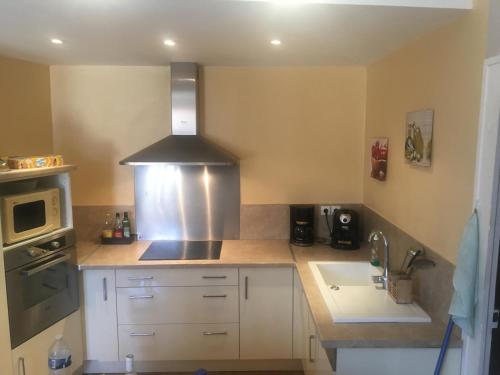 une cuisine avec un évier et une cuisinière four supérieur dans l'établissement Appartement du Four, à La Tour-du-Pin