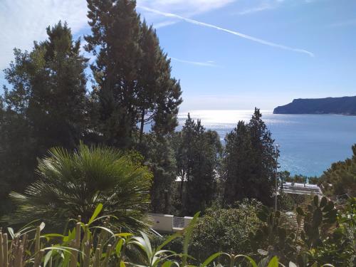 a view of the ocean from a hill with trees at Residenza Ginepri 69 in Bergeggi