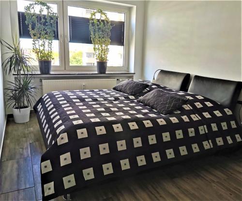 a bedroom with a bed and two windows with potted plants at Bremen City in Bremen