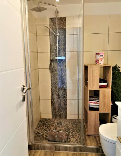a shower with a glass door in a bathroom at Bremen City in Bremen