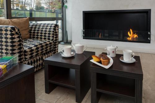 a living room with two tables and a fireplace at Résidence la Réserve Genève Ferney Voltaire in Ferney-Voltaire