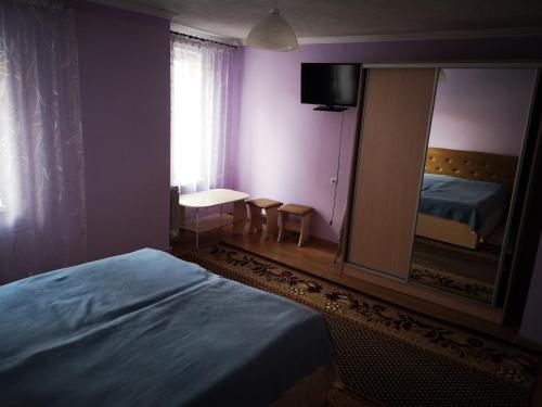 a bedroom with a bed and a large mirror at Sadyba Anzhelika in Truskavets