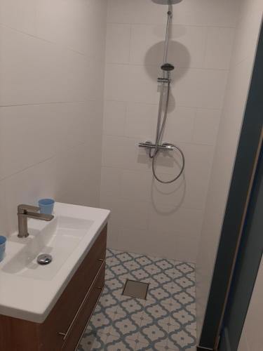 La salle de bains blanche est pourvue d'un lavabo et d'une douche. dans l'établissement B & B Tulp Amsterdam Noord, à Amsterdam