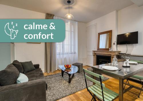 ein Wohnzimmer mit einem Sofa und einem Tisch in der Unterkunft Cosy Appartement Lyon Valmy - parking in Lyon