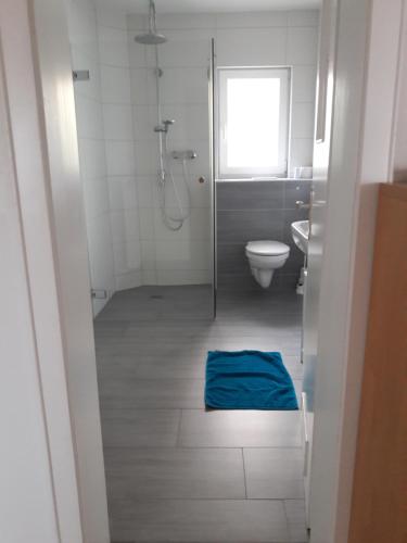 baño con ducha y aseo con alfombra azul en Ferienwohnung Lerchennest, en Georgensgmünd