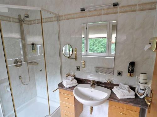 a bathroom with a sink and a shower and a toilet at Landhotel Pfrondorfer Mühle in Nagold