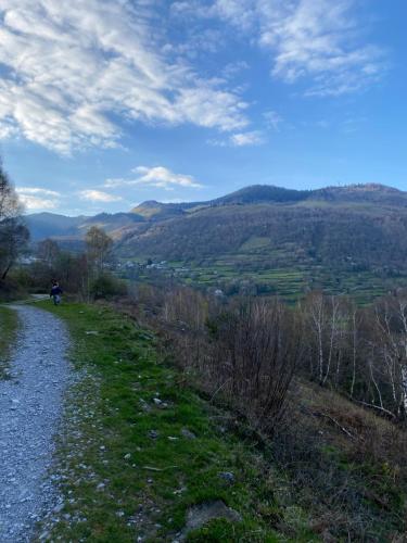 a person walking down a path on a hill at Le petit Monrepos avec jacuzzi nordique in Bielle