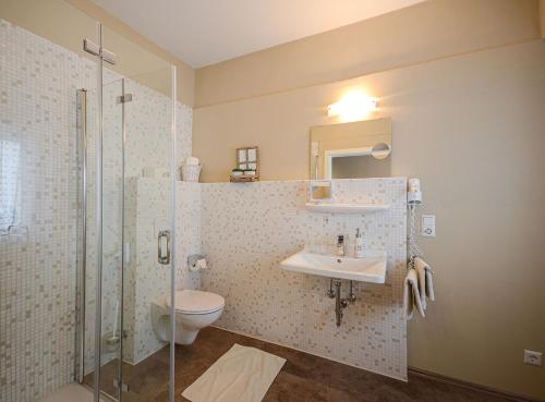 a bathroom with a toilet and a sink and a shower at ABACCO Ferienwohnungen in Überlingen