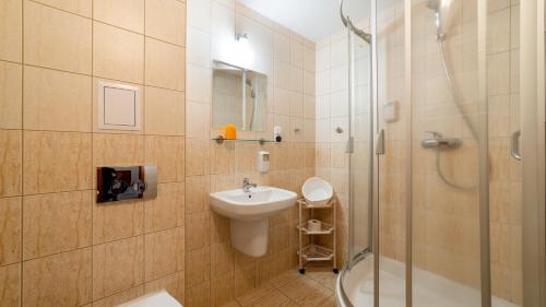 uma casa de banho com um lavatório, um chuveiro e um WC. em Górski Kompleks Turystyczny Czeszka i Słowaczka em Świeradów-Zdrój