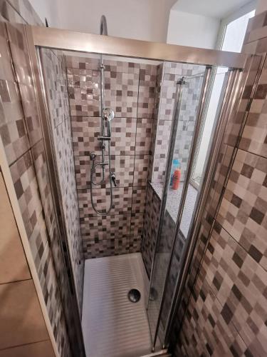 a shower with a glass door in a bathroom at Casa Vacanze Villa Mimosa- per le vacanze vicino a Tropea in Briatico