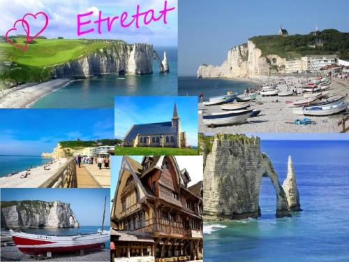 a collage of photos of the beach and cliffs at Le Havre de Paix 8 , Les Hauts de Honfleur, Piscine, WIFI et Parking gratuits in Équemauville