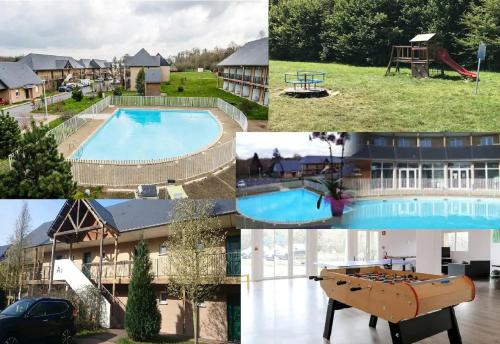 un collage de fotos de una piscina en Entre le Pont 9 et l'Eveque , Les Hauts de Honfleur, Piscine, WIFI et Parking gratuits, en Équemauville