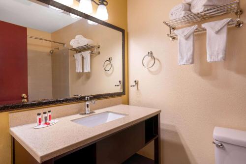 a bathroom with a sink and a mirror and a toilet at Sutton Suites Hotel in SeaTac