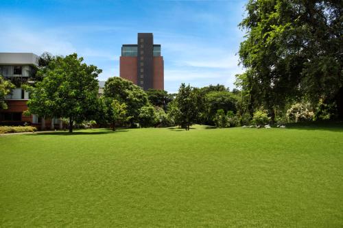 a large green field with a tall building in the background at The Oterra in Bengaluru
