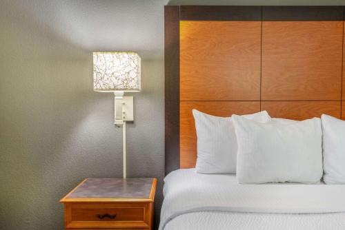 a hotel room with a bed with a lamp and a table at La Quinta by Wyndham Pueblo in Pueblo