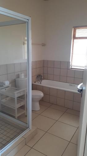 a bathroom with a toilet and a tub and a sink at Barton Luxury Villas in Botrivier