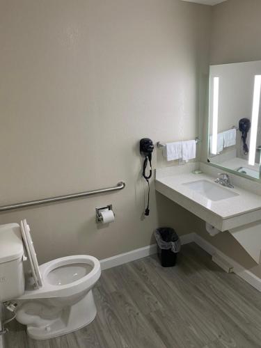 a bathroom with a toilet and a sink and a mirror at Hotel DeSoto in Olive Branch