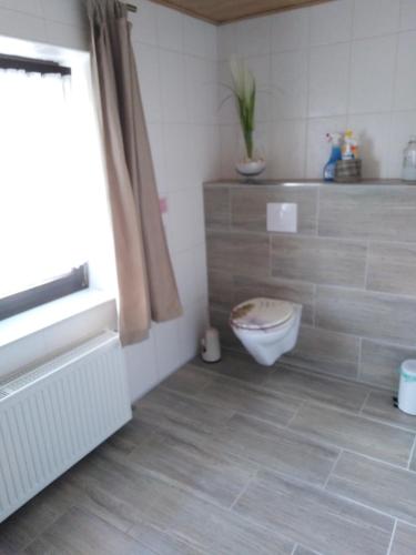 a bathroom with a toilet in the corner of a room at Marktstube in Marsberg
