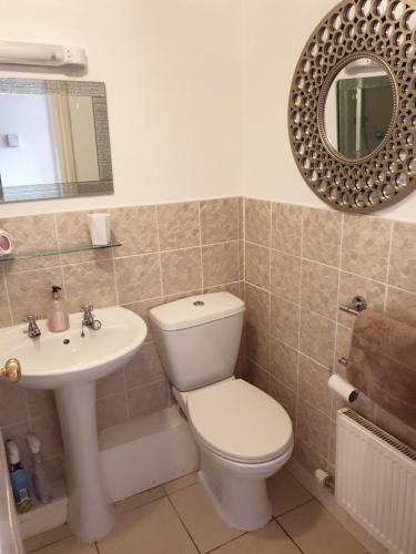 bagno con servizi igienici, lavandino e specchio di Secret Retreat a Bowness-on-Windermere
