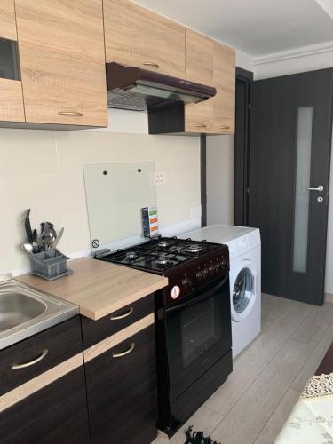 a kitchen with a stove and a washing machine at Bridge tower Residence in Iaşi