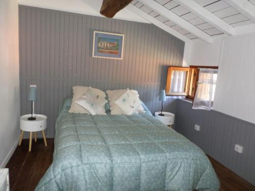 una camera da letto con un letto con un piumone verde di Appartement de charme entre mer et montagne a Sollacaro