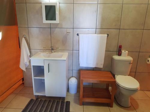a small bathroom with a toilet and a sink at Eagle Ranch Lodge in Mahikeng