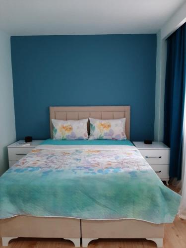 a bedroom with a bed with a blue wall at Samlife Apart in Samsun