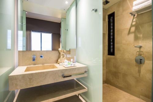 ein Bad mit einem Waschbecken und einem Spiegel in der Unterkunft NH Collection Bogota Terra 100 Royal in Bogotá