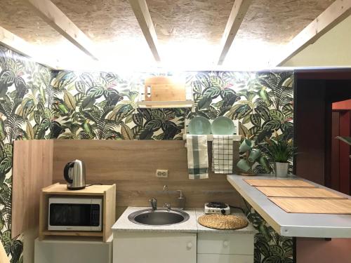 a kitchen with a sink and a wall with plants at Gallery Hostel in Kazan