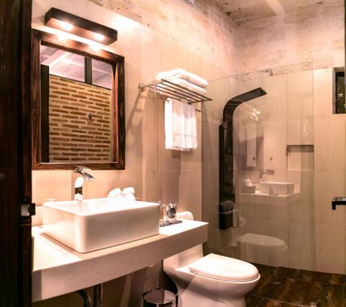uma casa de banho com um lavatório, um WC e um chuveiro em Acolpacha Tambo Boutique em Arequipa