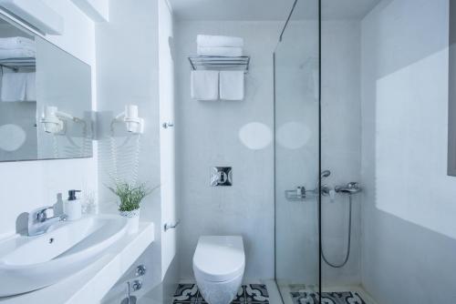 a white bathroom with a toilet and a shower at Skajado Holiday Apartments in Stalida