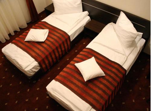 two beds sitting next to each other in a room at Hotel Roberts in Sibiu