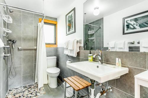 a bathroom with a sink and a toilet and a shower at On The River in Estes Park