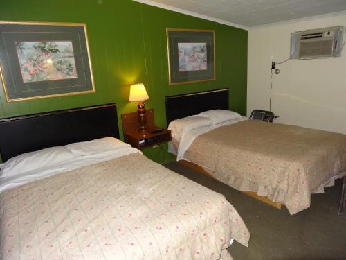 Habitación de hotel con 2 camas y paredes verdes en Sparta Motel en Sparta