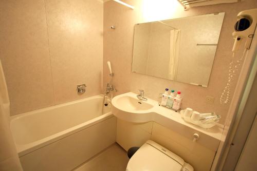 a bathroom with a sink and a toilet and a tub at Hotel Central Sendai in Sendai